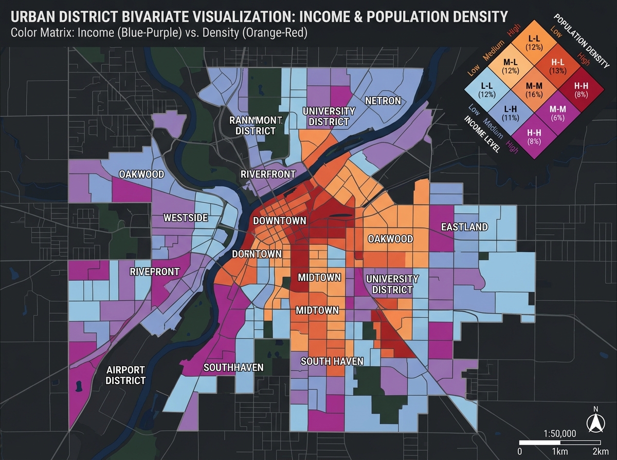 Bivariate choropleth map with 3x3 color matrix legend